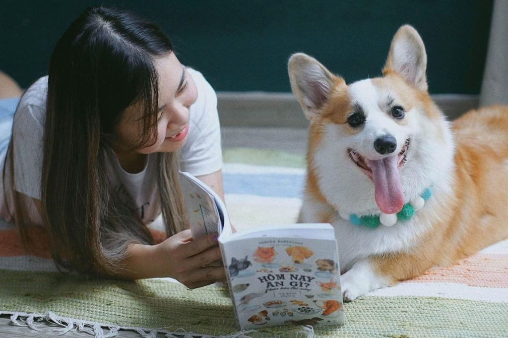 Cô gái đọc sách cùng chú chó corgi