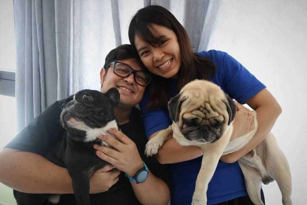 Cặp đôi ôm hai chú chó pug và bulldog